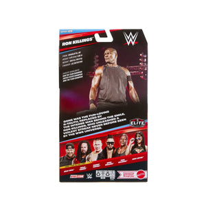 WWE Elite Universe Ron Killings action figure back packaging, featuring a photo of the figure and character details on a black and red card.