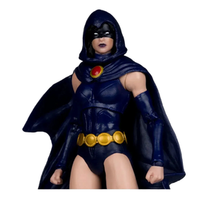 A collectible action figure of Raven from DC Comics, featuring her signature dark blue hooded bodysuit, cape, and mask, with gold circular accents on her belt and chest, set against a plain white background.