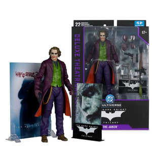 Action figure of The Joker from 'The Dark Knight' Trilogy with packaging and poster.