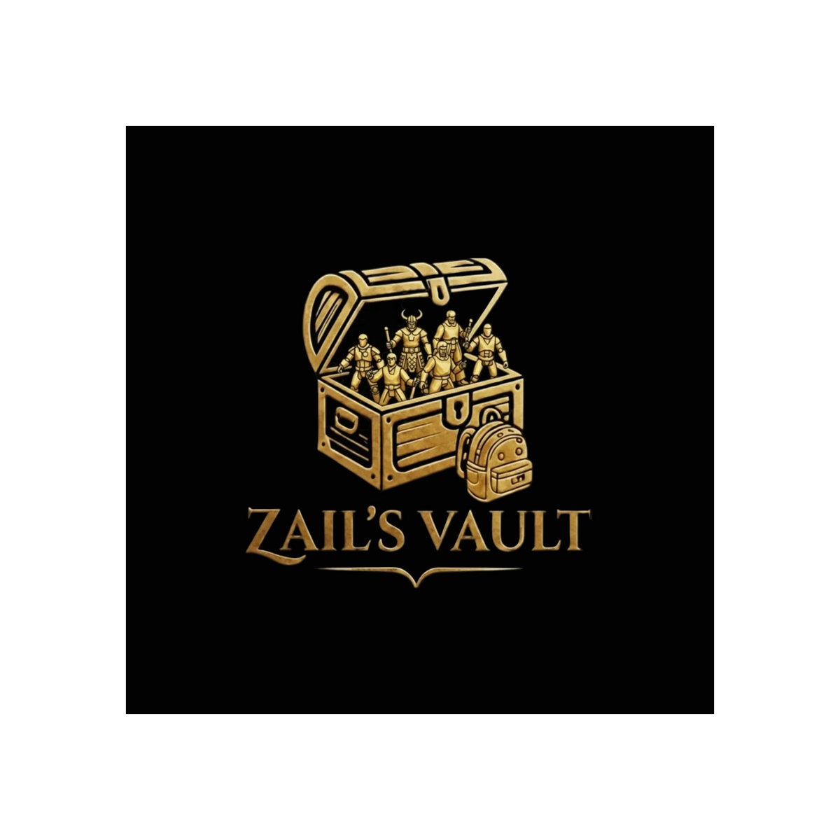 A graphic design featuring a gold-colored fantasy treasure chest with warrior figures inside and a backpack, set against a black background with the text 'ZAIL'S VAULT' below.