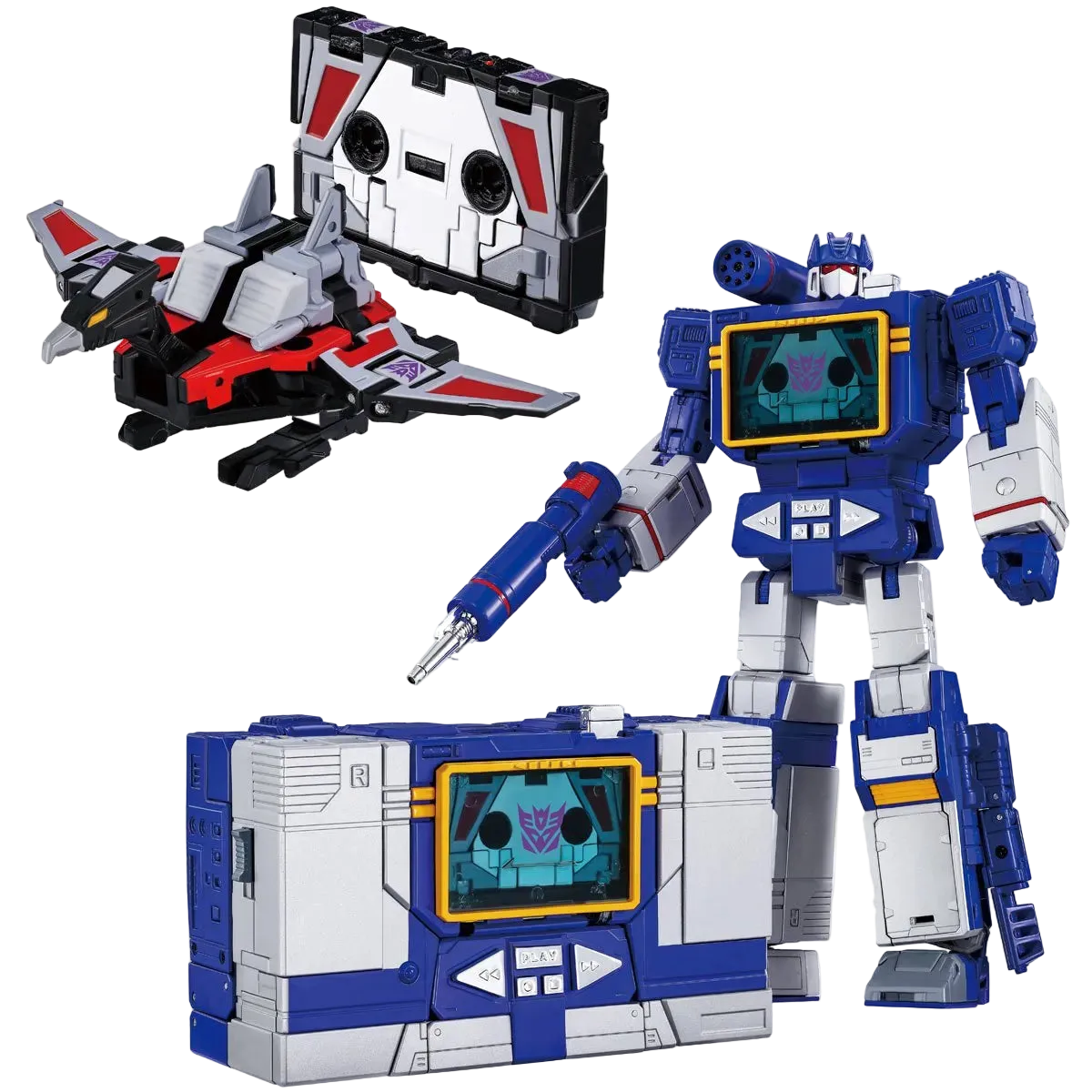 Transforming robot toy with jet and box on a white background