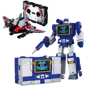 Transforming robot toy with jet and box on a white background