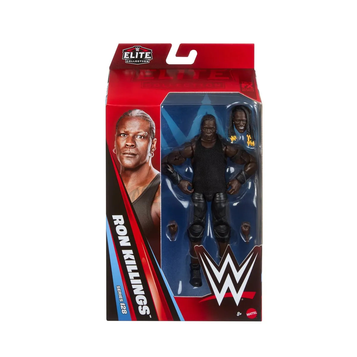 WWE Elite Collection Ron Killingts action figure in its original packaging, featuring a black and gray figure with interchangeable heads and accessories visible through the clear plastic window.