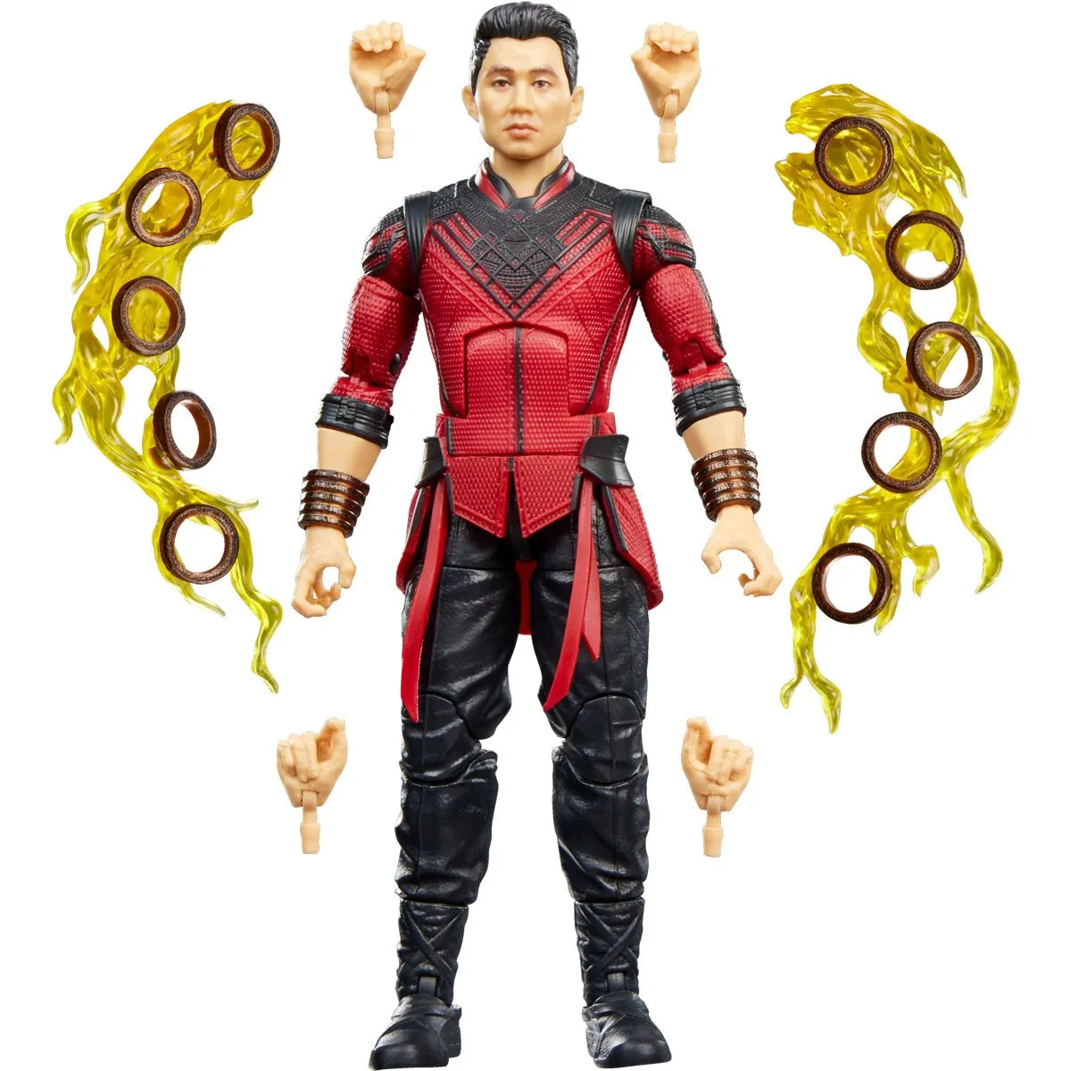 A Marvel Shang-Chi action figure shown front-facing on a white background, with interchangeable hands and yellow energy effect accessories displayed around the figure.
