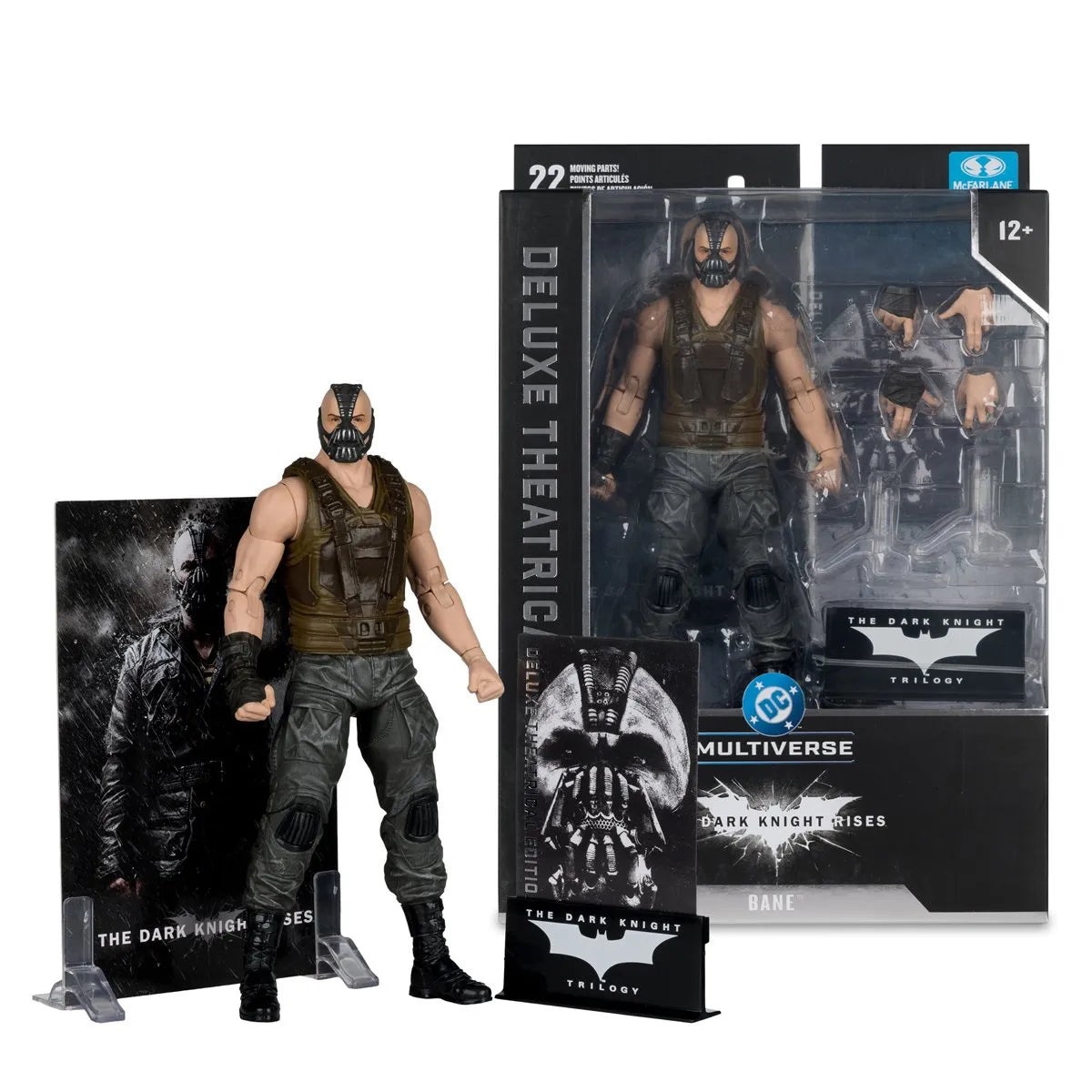 Action figure of Bane from The Dark Knight Rises with packaging and display stand.