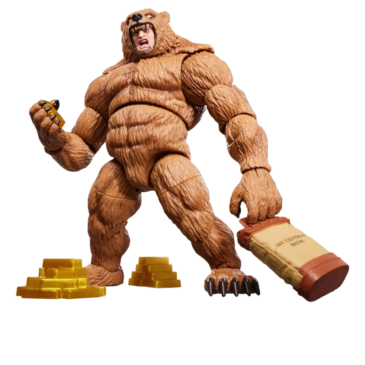 Action figure of a muscular bear-like character with gold coins, Marvel Legends series logo visible