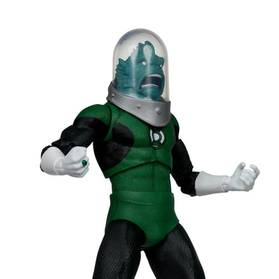 A Green Lantern action figure wearing a green and black bodysuit with a clear dome helmet, white gloves, and a small green ring, posed against a plain white background.