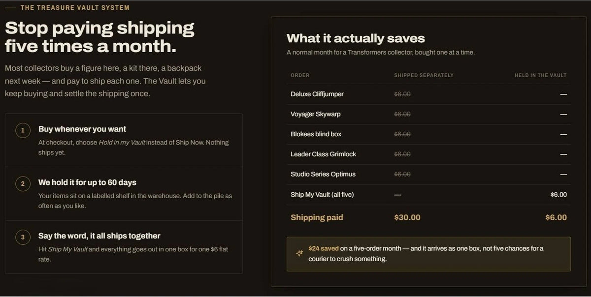A promotional infographic for 'The Treasure Vault System' on a black background, featuring white and gold text explaining shipping savings and a list of items saved, such as a Deluxe Officebumper and Voyager Skyscraper.