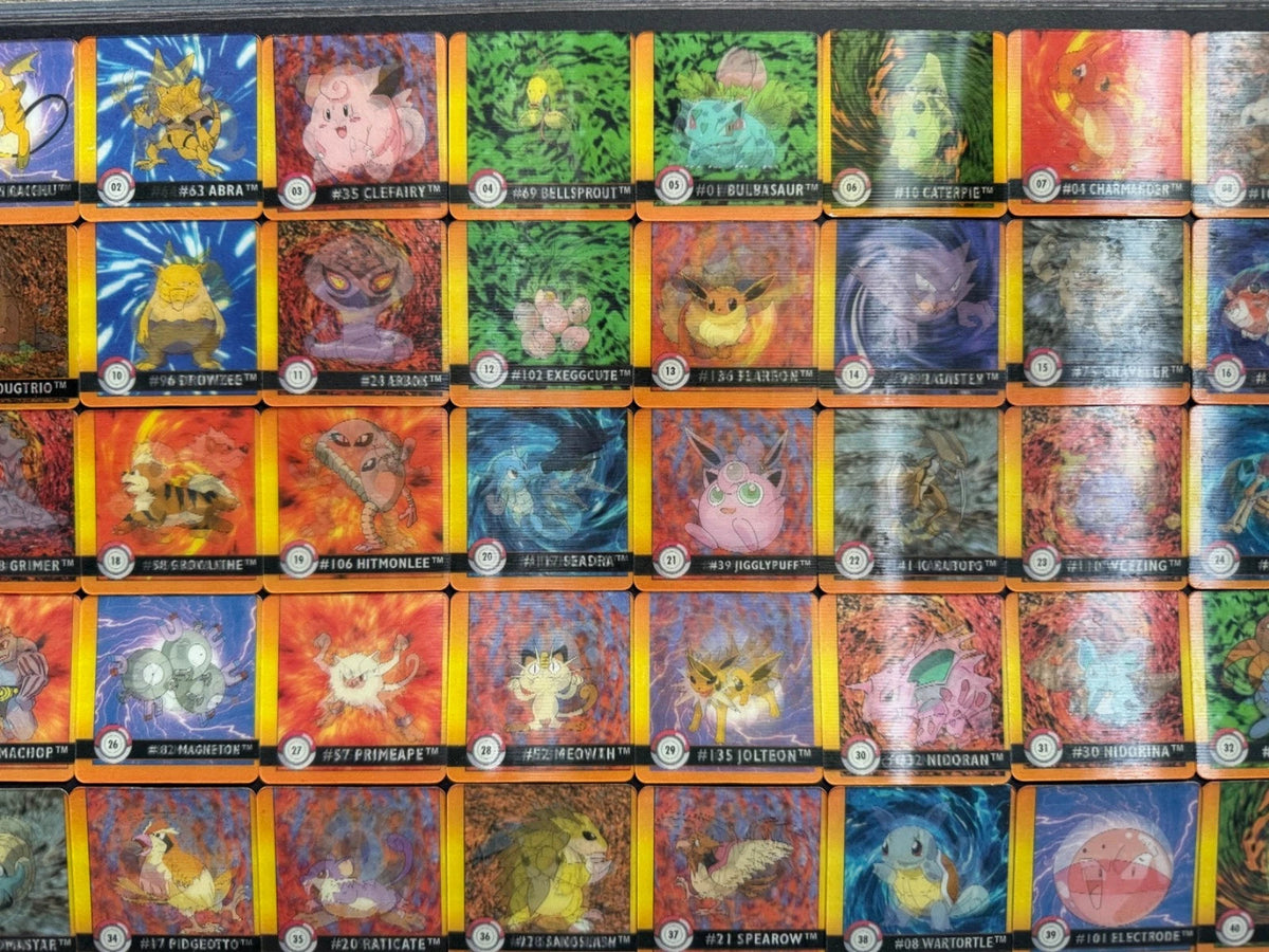 A close-up grid of many colorful illustrated trading cards stacked vertically, each card showing fantasy artwork and bordered by black sleeves with small circular silver elements.