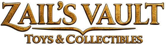 The logo for Zail's Vault Toys & Collectibles, featuring stylized metallic gold lettering on a solid black background.